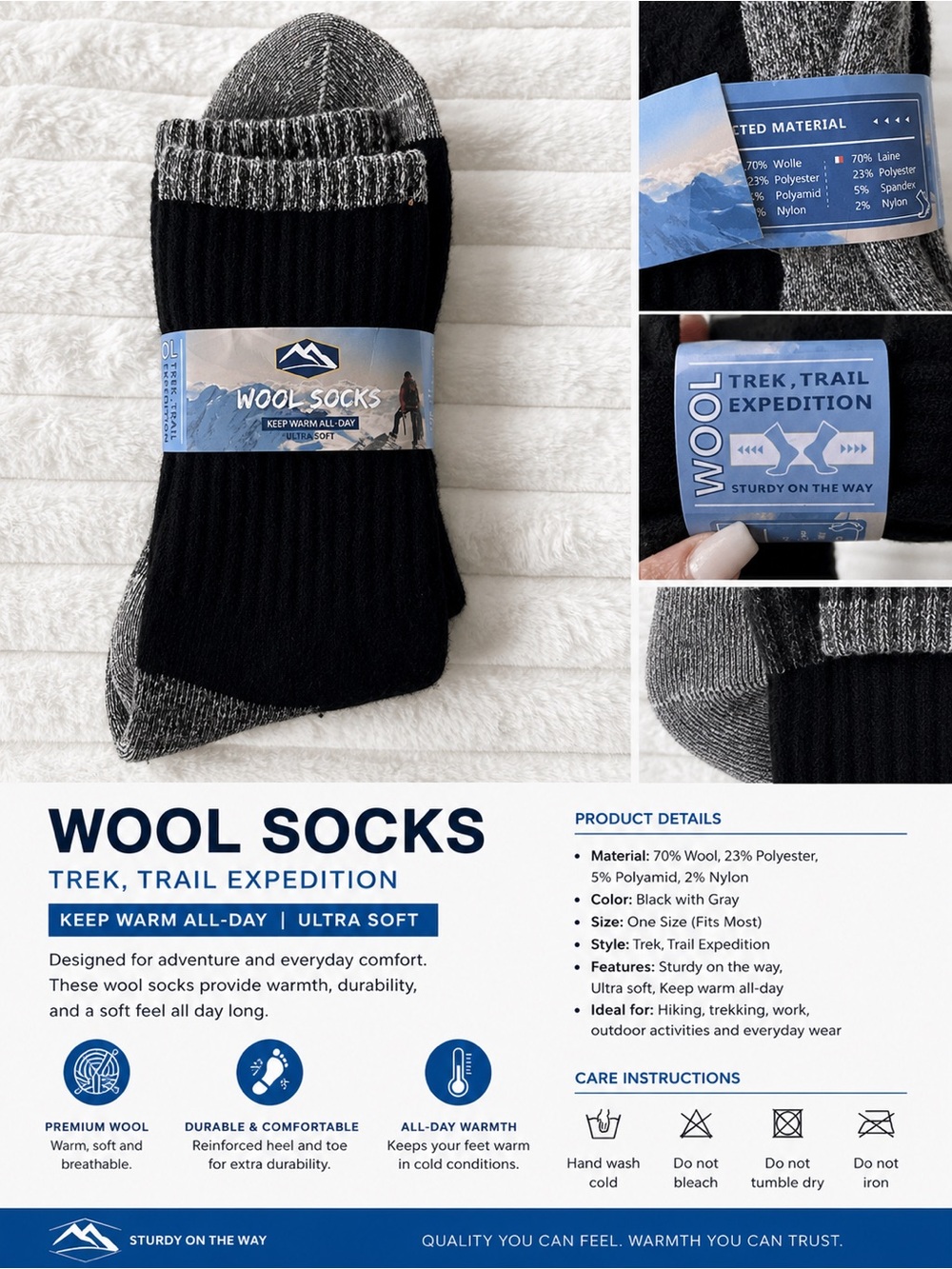 Wool Trek Trail Expedition Socks Black Gray Wool Blend Hiking Outdoor Warm Socks